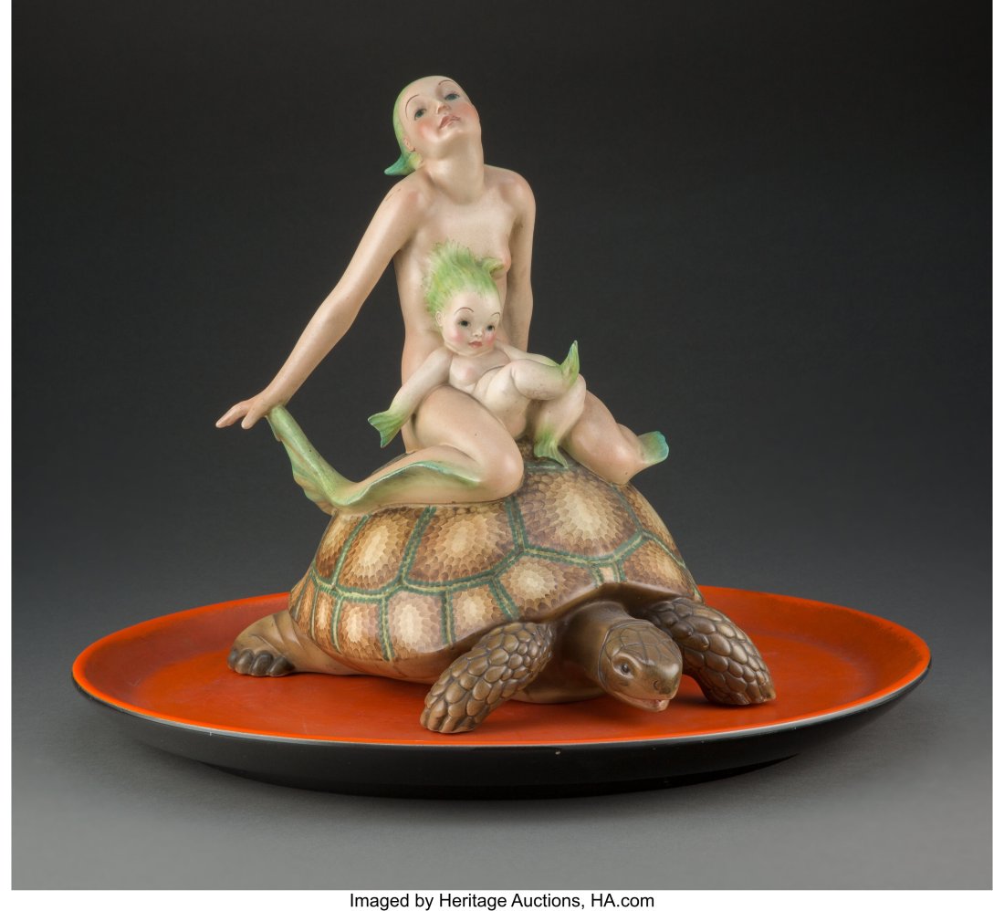 Lenci Polychrome Ceramic Mamma Sirena Designed b: Lenci Polychrome Ceramic Mamma Sirena Designed by Helen König Scavini, 1937 Marks to figure: Lenci, Torino 3-1937-XV, MADE IN ITALY TK, Elena Scavini Marks to plate&