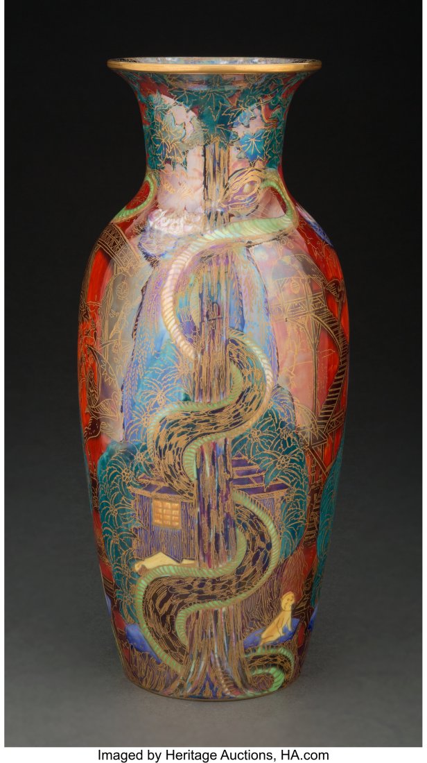 Wedgwood Fairyland Lustre Porcelain Tree Serpent: Wedgwood Fairyland Lustre Porcelain Tree Serpent Vase Designed and Signed by Daisy Makeig-Jones, circa 1919-1928 Marks to underside: (logotype), WEDGWOOD, MADE IN ENG