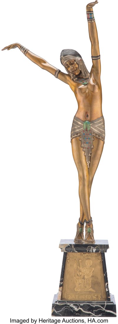 Demetre Chiparus (Romanian, 1886-1947) Egyptian: Demetre Chiparus (Romanian, 1886-1947) Egyptian Dancer, circa 1925 Patinated and cold-painted bronze, marble 28-3/4 inches (73 cm) Marble base and bronze panel si