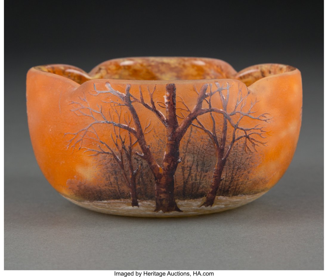 Daum Acid-Etched and Enameled Winter Landscape C: Daum Acid-Etched and Enameled Winter Landscape Cabinet Vase, circa 1910 Marks: DAUM, Nancy, (Cross of Lorraine), FRANCE 2-1/4 inches (5.7 cm&rpa