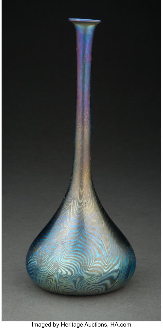 Tiffany Studios Decorated Favrile Glass Bottle V: Tiffany Studios Decorated Favrile Glass Bottle Vase, circa 1910 Marks: L.C.T., K2524 10 inches (25.4 cm) HID03101062020 &NewL