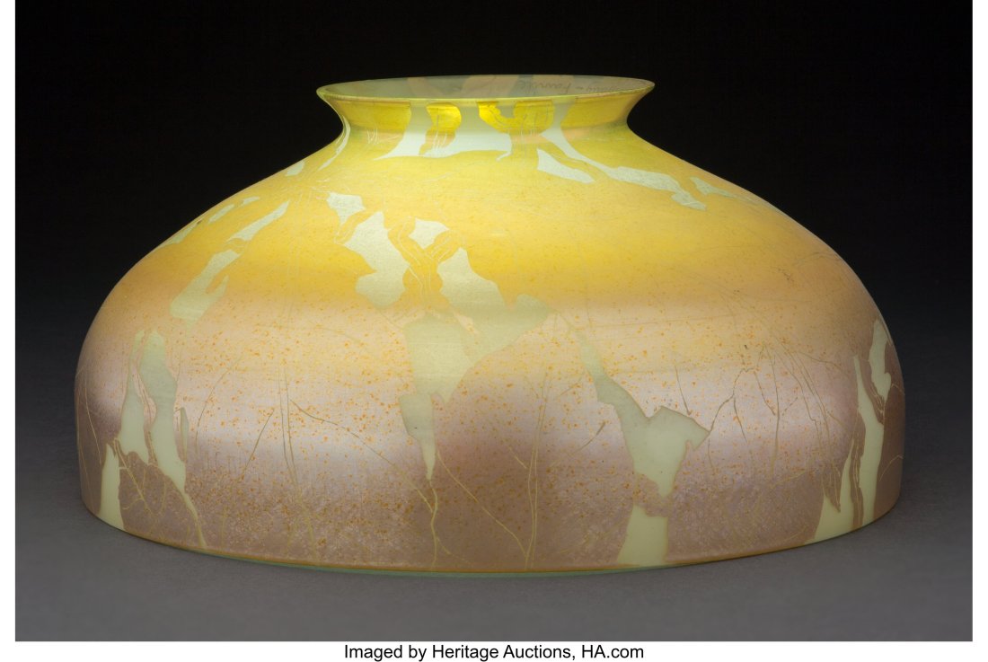 Tiffany Studios Acid-Etched and Wheel-Carved Fav: Tiffany Studios Acid-Etched and Wheel-Carved Favrile Glass Lamp Shade, circa 1910 Marks: L.C.Tiffany-Favrile, 188 6 inches x 11.75 (15.2 x 29.