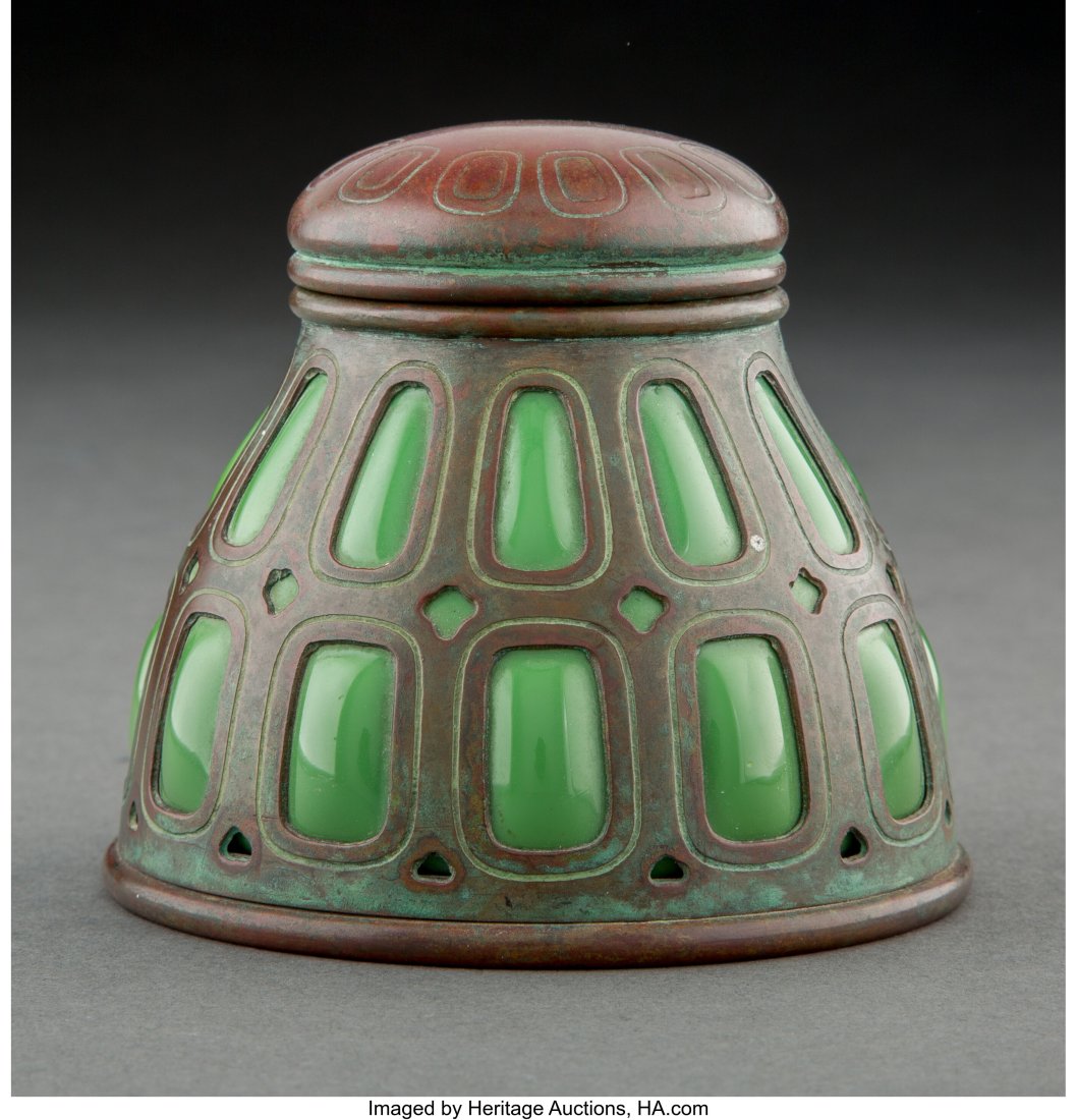 Tiffany Studios Reticulated Bronze and Blown-Out: Tiffany Studios Reticulated Bronze and Blown-Out Glass Inkstand, early 20th century Marks: TIFFANY STUDIOS, NEW YORK 4 inches (10.2 cm) LITERATURE: Alastair Du