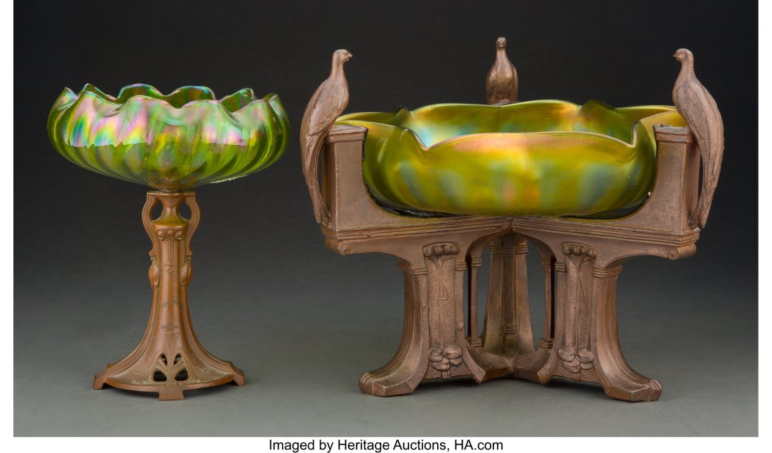 Continental Jugendstil Glass Bowl with Patinated: Continental Jugendstil Glass Bowl with Patinated Metal Stand and Compote, circa 1900 9-1/2 inches (24.1 cm)(tallest) HID03101062020 &N