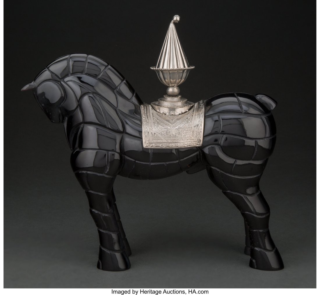 Limited Edition Daum Pâte de Verre Cheval Porte: Limited Edition Daum Pâte de Verre Cheval Porteur de Feu Black Designed by Hilton McConnico, late 20th century Marks: Daum France, 047/375, HMC 12 x 12-1/2 x 4 in