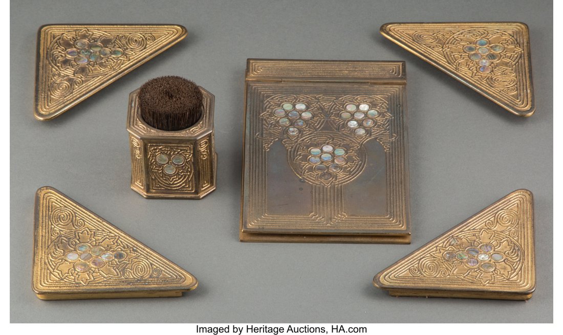 Six-Piece Tiffany Studios Gilt Bronze Abalone De: Six-Piece Tiffany Studios Gilt Bronze Abalone Desk Group, circa 1920 Marks: TIFFANY STUDIOS, NEW YORK, (various) 7-5/8 inches (16.5 cm)(tall