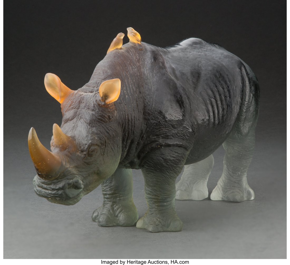 Limited Edition Daum Pâte de Verre Rhinoceros D: Limited Edition Daum Pâte de Verre Rhinoceros Designed by Jean-François Leroy with Original Fitted Box, late 20th century Marks: Daum, France, 0039/1000 9-1&so