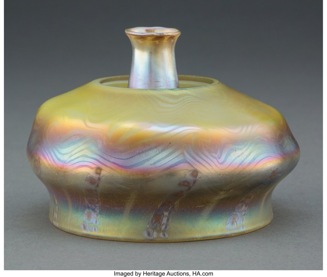 Tiffany Studios Favrile Glass Lamp Shade and Chi: Tiffany Studios Favrile Glass Lamp Shade and Chimney, circa 1910 Marks: S9502 5-1/2 inches (14.0 cm) (shade) HID03101062020 &New