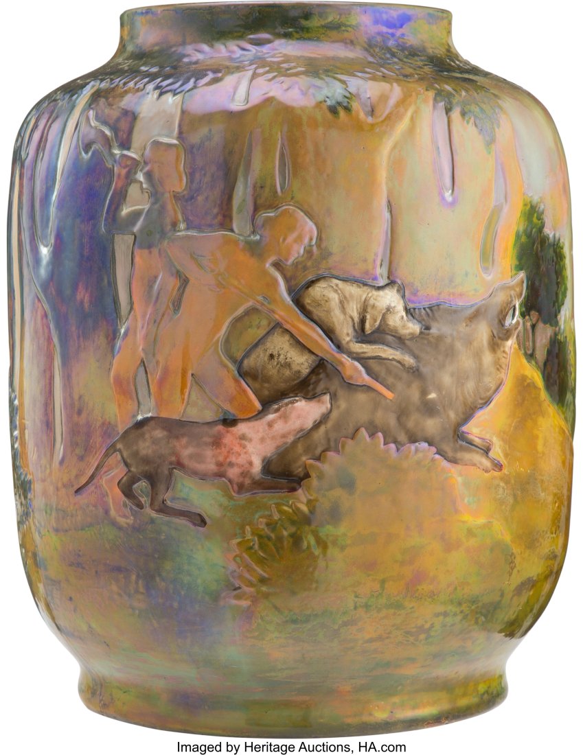 Rare & Massive Zsolnay Eosin Glazed Ceramic Boar: Rare & Massive Zsolnay Eosin Glazed Ceramic Boar Hunting Scene Floor Vase , circa 1900 Marks: ZSOLNAY, (five churches seal), 5924 20-1/2 inches (52&perio