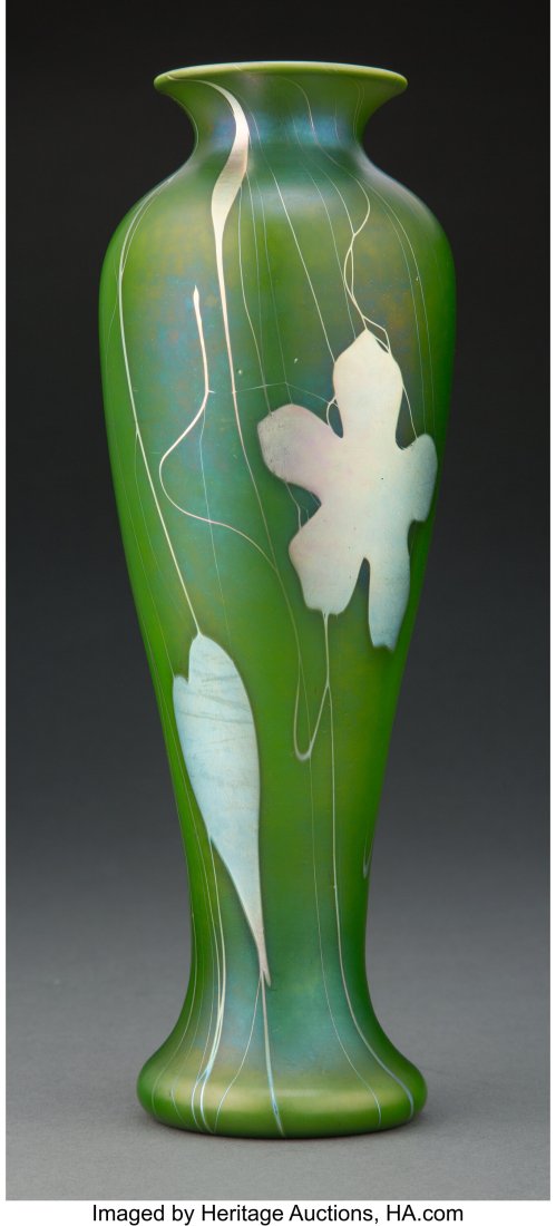 Steuben Decorated Green Aurene Glass Vase, early: Steuben Decorated Green Aurene Glass Vase, early 20th century Marks: aurene, O256 10 inches (25.4 cm) HID03101062020 © 202