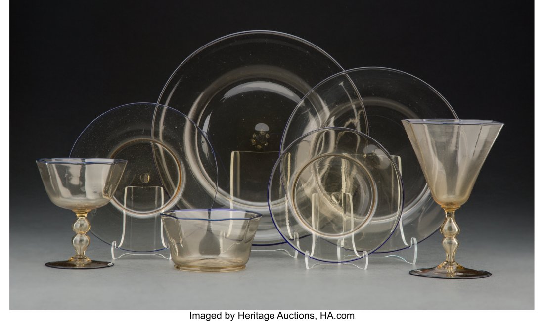 Thirty-Nine-Piece Steuben Amber Glass with Flemi: Thirty-Nine-Piece Steuben Amber Glass with Flemish Blue Lip Wrap Table Service, circa 1925 9-1/4 inches (23.5 cm) (largest) This lot comprising: 6 fingerbowl