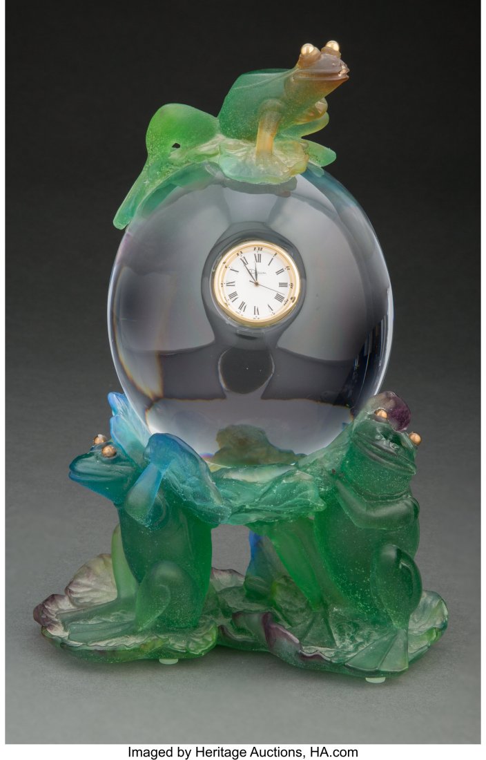 Daum Pâte de Verre and Clear Glass Frog Table C: Daum Pâte de Verre and Clear Glass Frog Table Clock, late 20th century Marks: Daum France 10-1/4 inches (26.0 cm) HID03101062020 &Ne