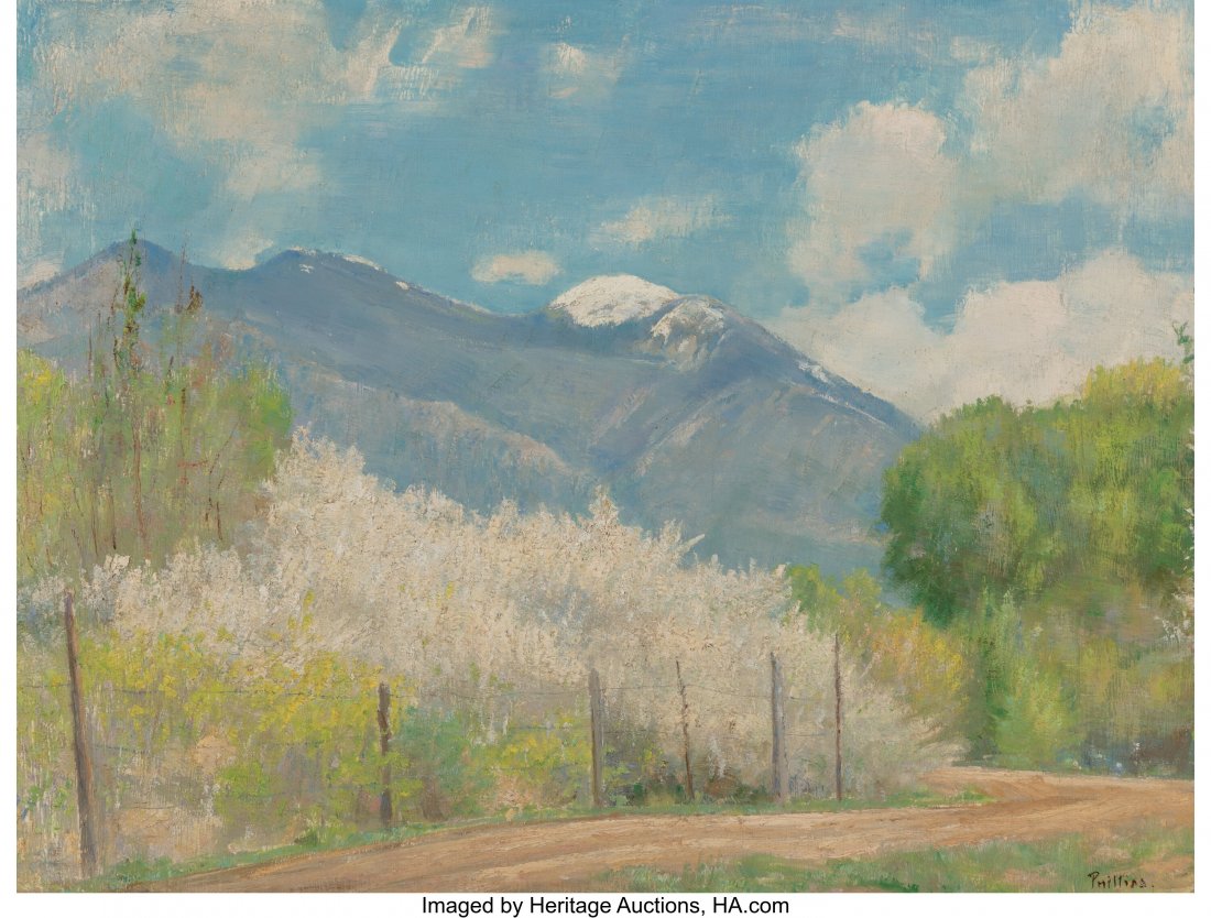 Bert Geer Phillips (American, 1868-1956) Taos Mo: Bert Geer Phillips (American, 1868-1956) Taos Mountains and Wild Plum Blossoms Oil on panel 18 x 24 inches (45.7 x 61.0 cm) Signed lower right: Phillips T
