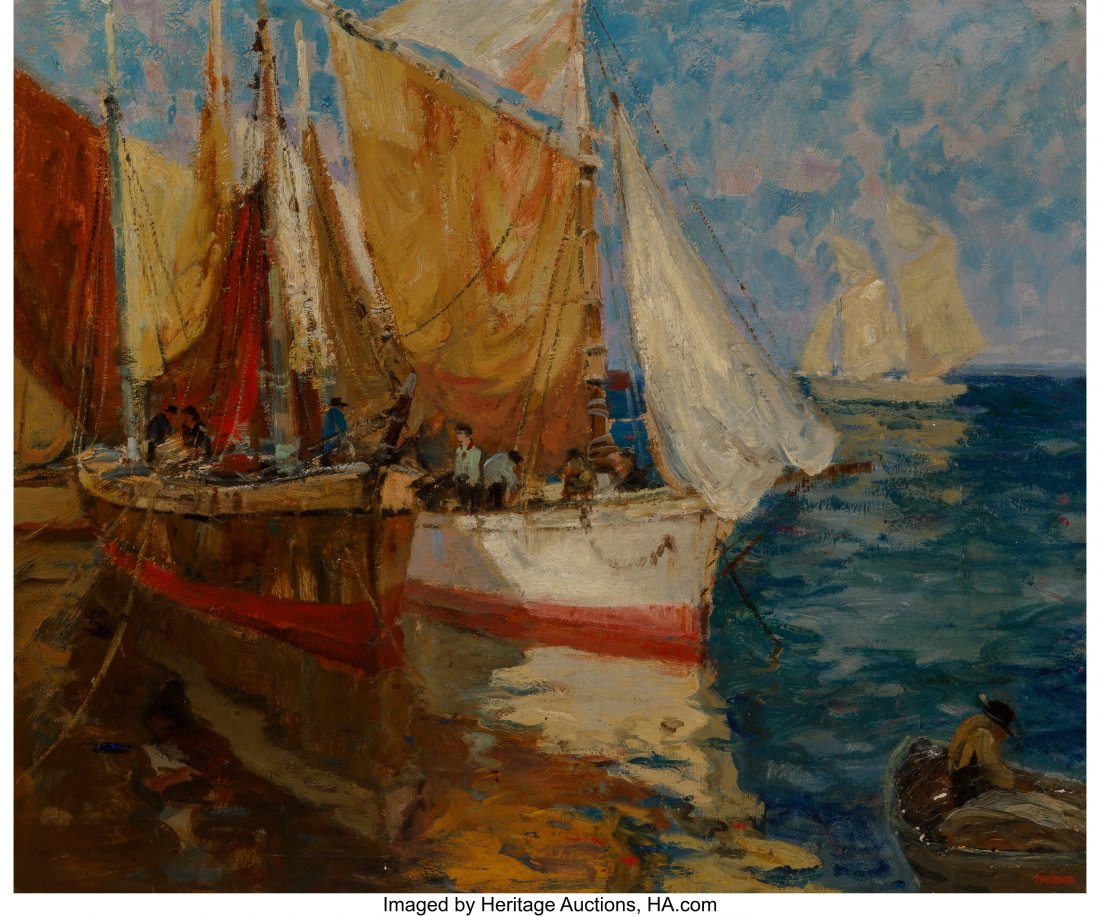 Anthony Thieme (American, 1888-1954) Southwester: Anthony Thieme (American, 1888-1954) Southwestern Harbor Oil on canvas 30 x 36 inches (76.2 x 91.4 cm) Bears estate stamp lower right Titled and inscribed with