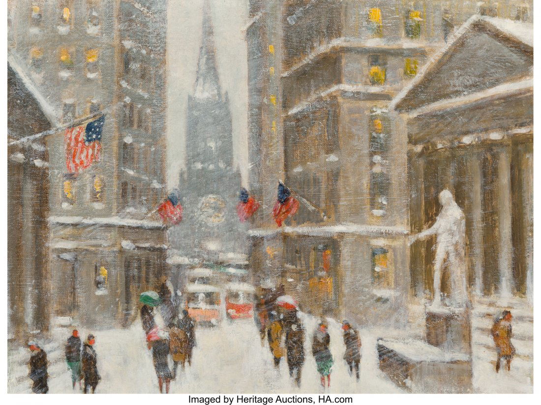 Guy Carleton Wiggins (American, 1883-1962) Wall: Guy Carleton Wiggins (American, 1883-1962) Wall Street, Winter Oil on board 12 x 15-3/4 inches (30.5 x 40.0 cm) Property from a Palm Beach Estate PROV
