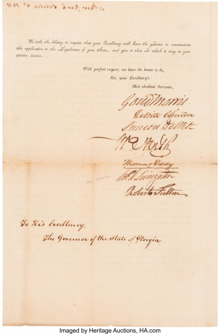 Robert Fulton Erie Canal Commission Document Sig: Robert Fulton Erie Canal Commission Document Signed with Related Document. Two pages of a bifolium, 10" x 15.5", New York; October 8, 1811. A document addre
