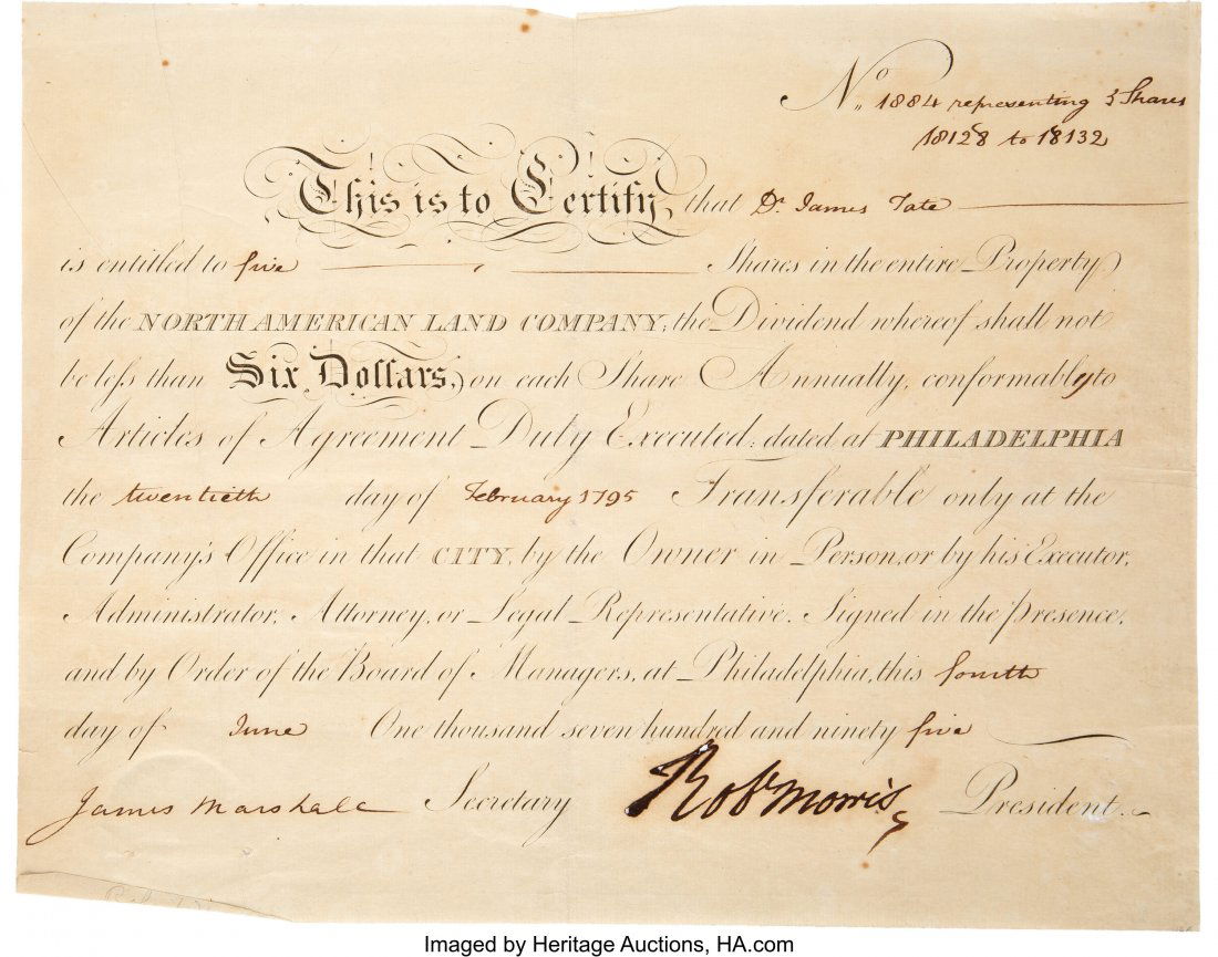 Robert Morris North American Land Company Docume: Robert Morris North American Land Company Document Signed. One page, 11.5" x 9", Philadelphia; February 20, 1795. A document certifying that "Dr. Jam