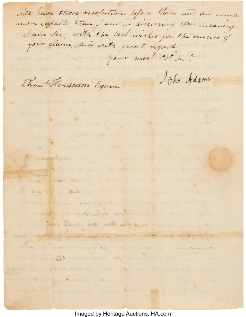 John Adams Letter Signed "John Adams." Two pages (1 of 3)