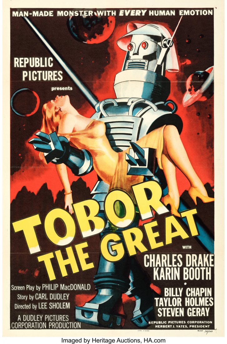 Tobor the Great (Republic, 1954). Folded, Very F: Tobor the Great (Republic, 1954). Folded, Very Fine. One Sheet (27" X 41"), Belgian (14" X 21.5"), & Lobby Card Set of 8 
