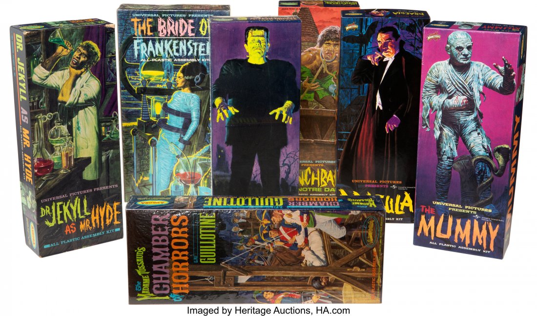Vintage Set of (7) Aurora Monster Model Kits in: Vintage Set of (7) Aurora Monster Model Kits in Original Boxes (1962-1965). Vintage original set of (7) kits including (7) 5.25" x 13" x 2.