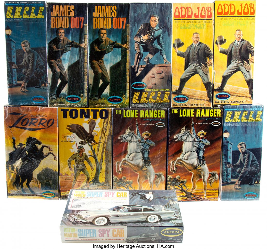 Vintage Set of (12) Aurora James Bond, Super Spy: Vintage Set of (12) Aurora James Bond, Super Spy Car, Man From U.N.C.L.E., Lone Ranger, Tonto and Zorro Model Kits (1967-1968&