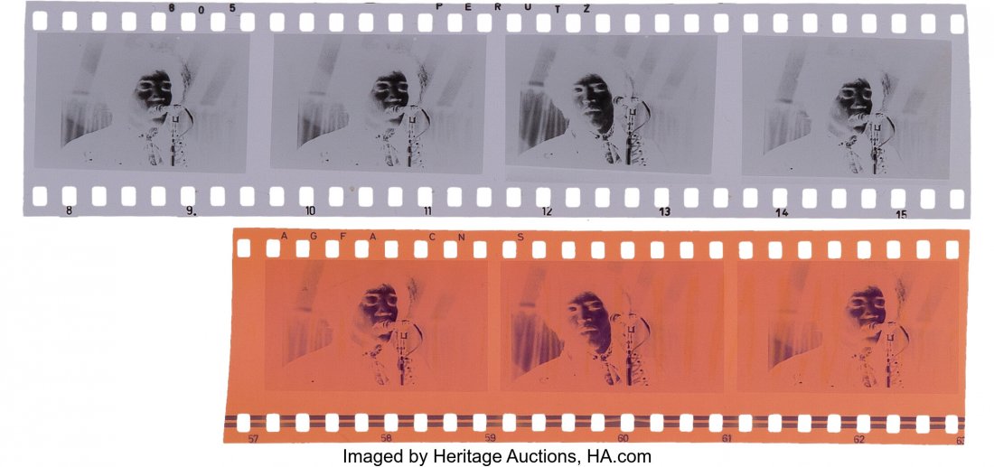 Jimi Hendrix Group of (2) Negative Strips from B: Jimi Hendrix Group of (2) Negative Strips from Beat-Club Performance. A collection of two partial negative strips featuring the guitar legend, aired only on the German TV show o