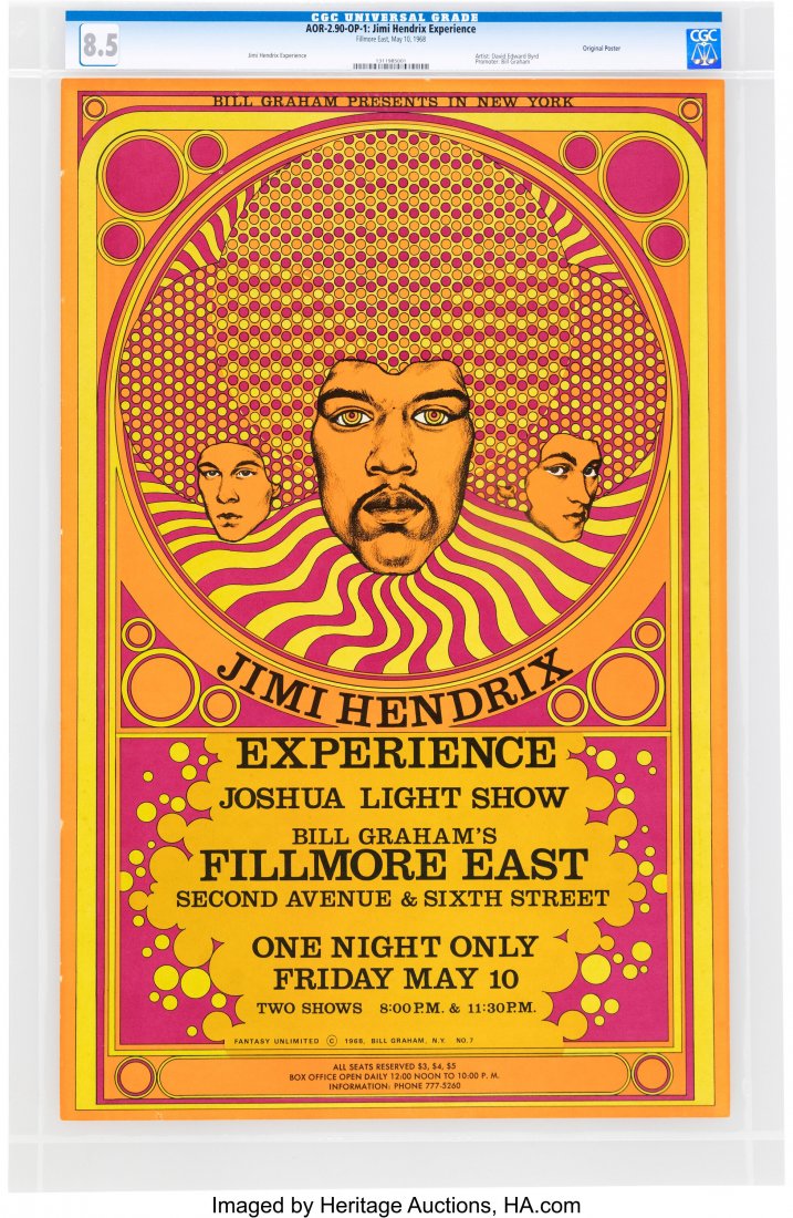 Jimi Hendrix 1968 Fillmore East FE-7 Concert Pos: Jimi Hendrix 1968 Fillmore East FE-7 Concert Poster CGC-Graded 8.5 (AOR-2.90). An original first-printing concert poster for the Jimi Hendrix Experience playing two show