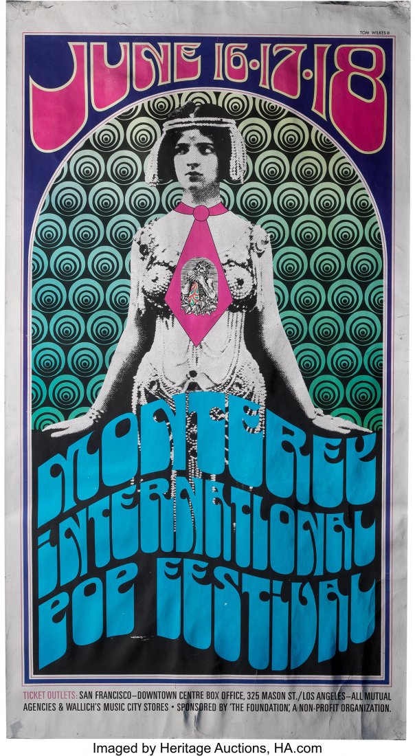 Jimi Hendrix, Janis Joplin, The Who, Otis Reddin: Jimi Hendrix, Janis Joplin, The Who, Otis Redding 1967 Large Monterey Pop Festival Poster (AOR-3.5). Original large-format poster designed by Tom Wilkes and p