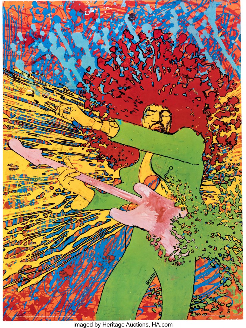 Jimi Hendrix 1960's Martin Sharp "Explosion" Hea: Jimi Hendrix 1960's Martin Sharp "Explosion" Head Shop Poster. A brilliantly colorful poster by famous Australian pop-artist Martin Sharp of Jimi Hendrix letting it rip on guitar, which i