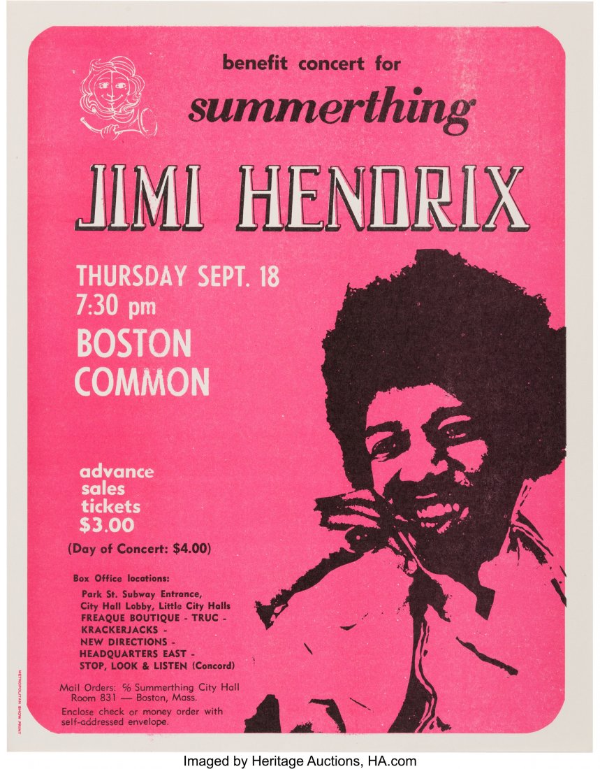 Jimi Hendrix 1969 Boston, MA "Summerthing" Conce: Jimi Hendrix 1969 Boston, MA "Summerthing" Concert Handbill. An original paper concert flyer for a scheduled appearance by Jimi Hendrix in Boston, Massachusetts on Thursday evening&