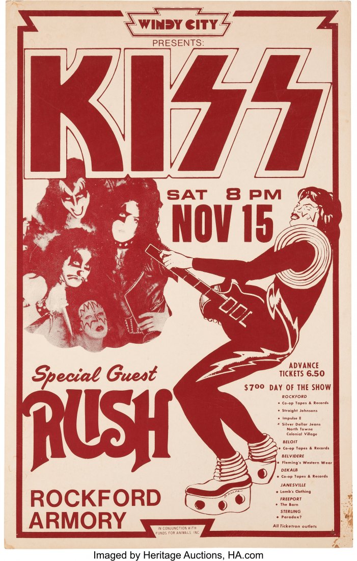 KISS, Rush 1975 Rockford, Illinois Concert Poste: KISS, Rush 1975 Rockford, Illinois Concert Poster. An original cardboard window card advertising two mainstays of 1970's FM rock radio, KISS and Rush, playing at the Roc