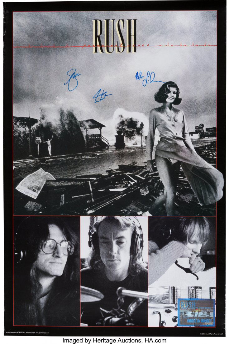 Rush Signed Permanent Waves Poster. A 24" x 36": Rush Signed Permanent Waves Poster. A 24" x 36" poster from 2008 featuring the Canadian progressive rock heroes, signed by all three members (Geddy Lee, Alex Lifeson, and