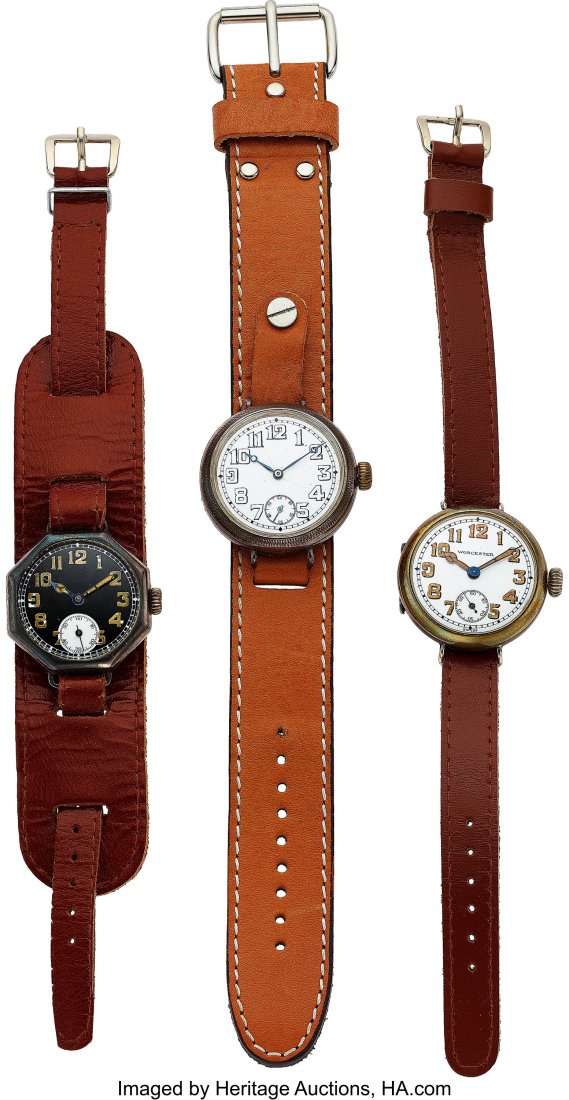 Lot of 3 Trench Watches: A. Reymond Octagonal, E: Lot of 3 Trench Watches: A. Reymond Octagonal, Early Rolex and Worcester Case: A. Reymond and early Rolex are sterling silver. Case not stamped on Worcester - pr