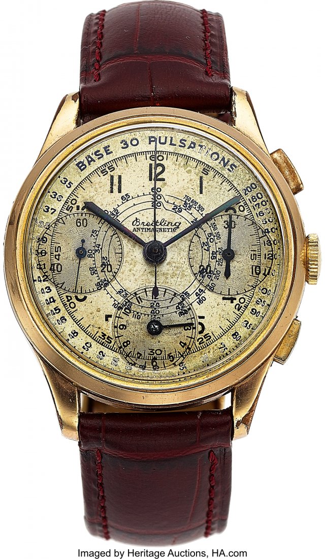 Breitling Unusual Gold Plated Anti-Magnetic Chro: Breitling Unusual Gold Plated Anti-Magnetic Chronograph Wristwatch with Pulsations circa 1946 Case: 35mm, 20 microns gold plate, three piece, snap, #369684 Dial&colon