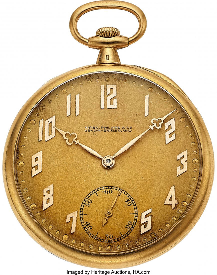 Patek Philippe, 18k Gold Pocket Watch, circa 192: Patek Philippe, 18k Gold Pocket Watch, circa 1920 Case: 44 mm, 18k yellow gold, four body, back with invisible hinge, ribbon script monogram, 25 year se