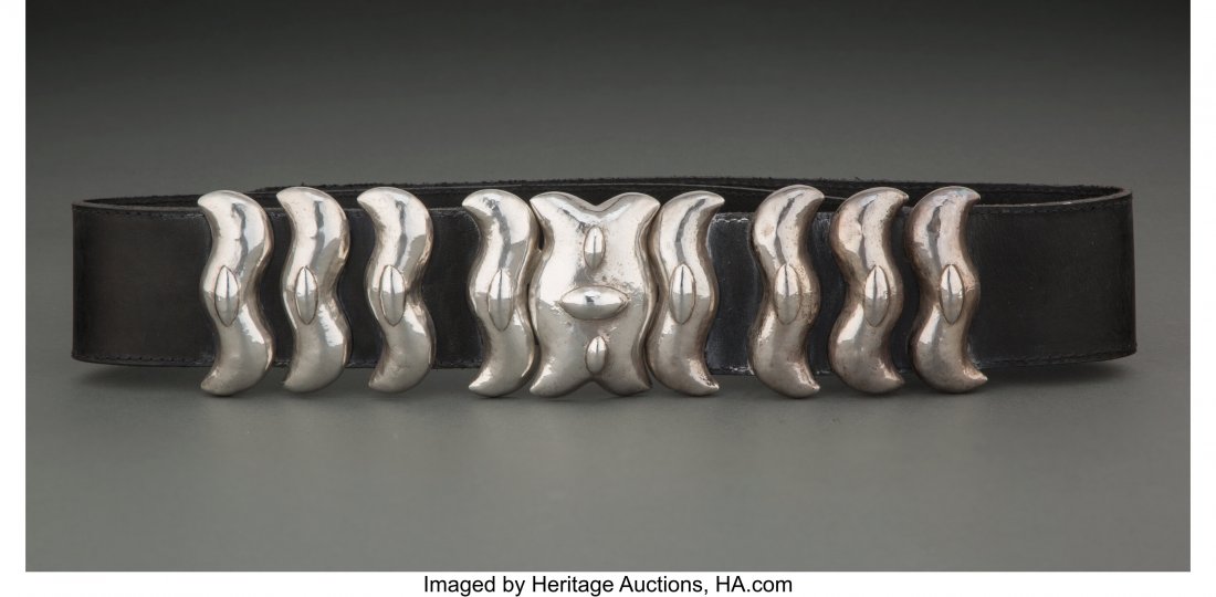 A Graziella Laffi Silver and Leather Belt, Lima,: A Graziella Laffi Silver and Leather Belt, Lima, Peru, circa 1965 Marks: PERU 950 47 x 3 inches (119.4 x 7.6 cm) 428 grams (gross) Property fr