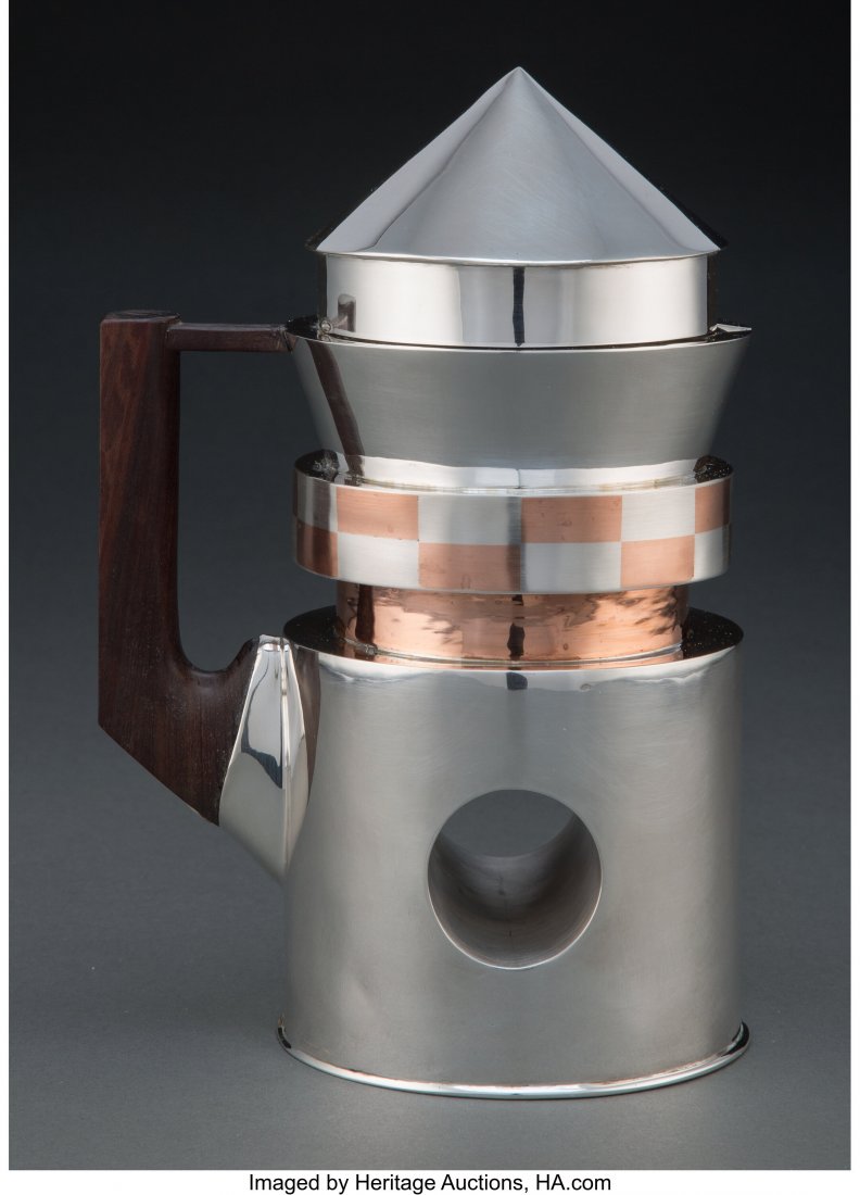 A René Contreraso Osio Paul Klee Silver, Mixed : A René Contreraso Osio Paul Klee Silver, Mixed Metal, and Wood Coffee Pot, Mexico, 2010 Marks: (logo) 925 MEX 8-1/2 x 6-1/2 x 4-1/4 inches &l