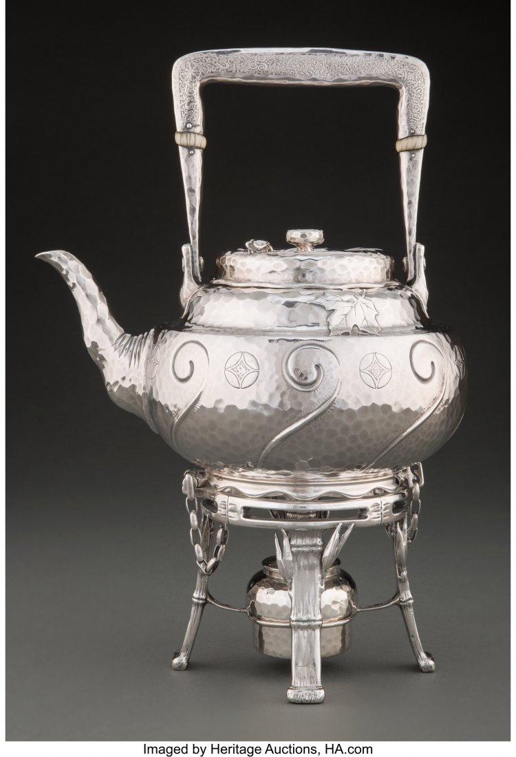 A Tiffany & Co. Japanesque Silver Kettle-on-Stan: A Tiffany & Co. Japanesque Silver Kettle-on-Stand with Applied Frog, New York, 1881-1891 Marks: TIFFANY & CO, 6535, MAKERS, 11560, STERLING-SIL