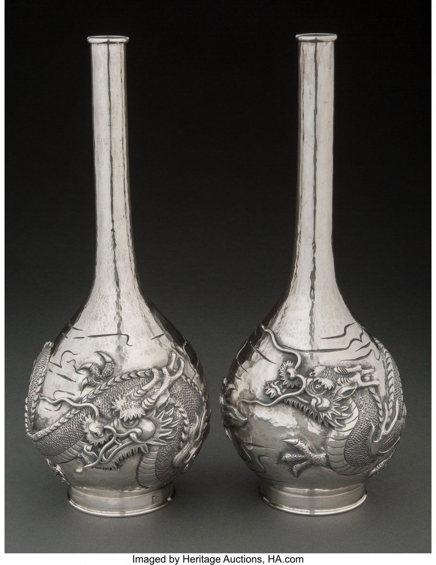 A Pair of Japanese Silver Dragon Vases Marks to (1 of 5)