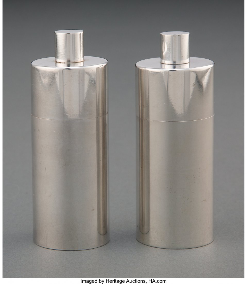 Two Georg Jensen No. 114 Silver Pepper Mills, Co: Two Georg Jensen No. 114 Silver Pepper Mills, Copenhagen, post-1945 Designed by Søren Georg Jensen Marks: S.G.J, DENMARK, (dotted oval-Ge