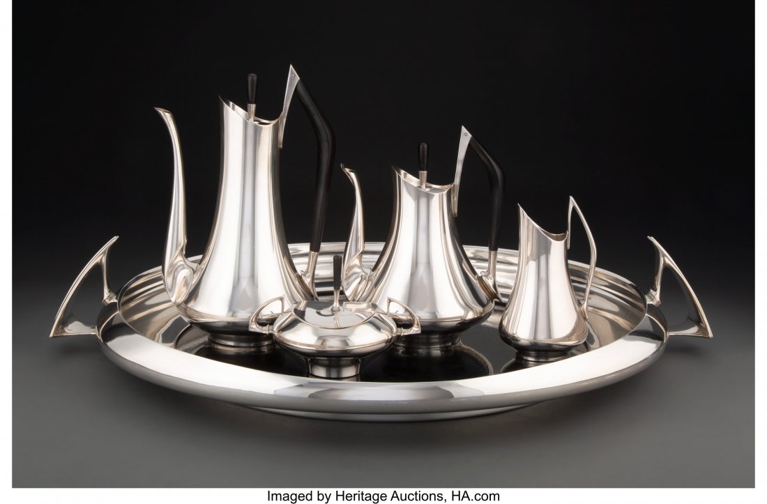 A Five-Piece Gorham Mfg. Co. Circa 70' Pattern S: A Five-Piece Gorham Mfg. Co. Circa 70' Pattern Silver Tea & Coffee Set, Providence, Rhode Island, circa 1965 Designed by Donald Colflesh, 1962 Marks: Go