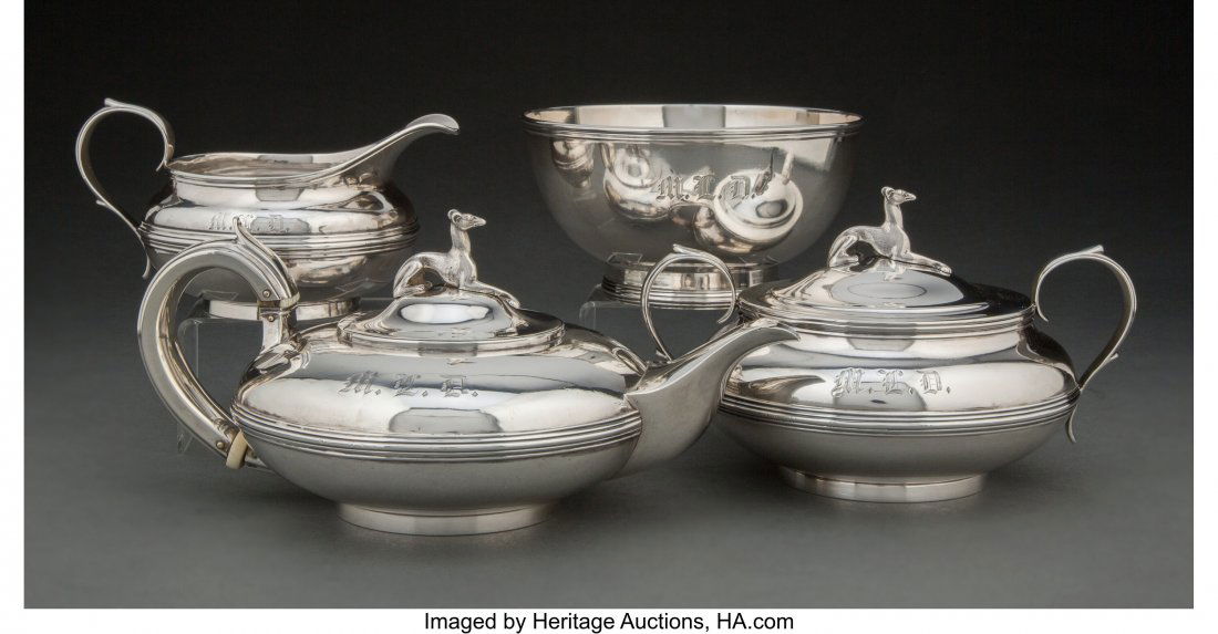 A Mudge & Co. Coin Silver Tea Set with Greyhound (1 of 4)