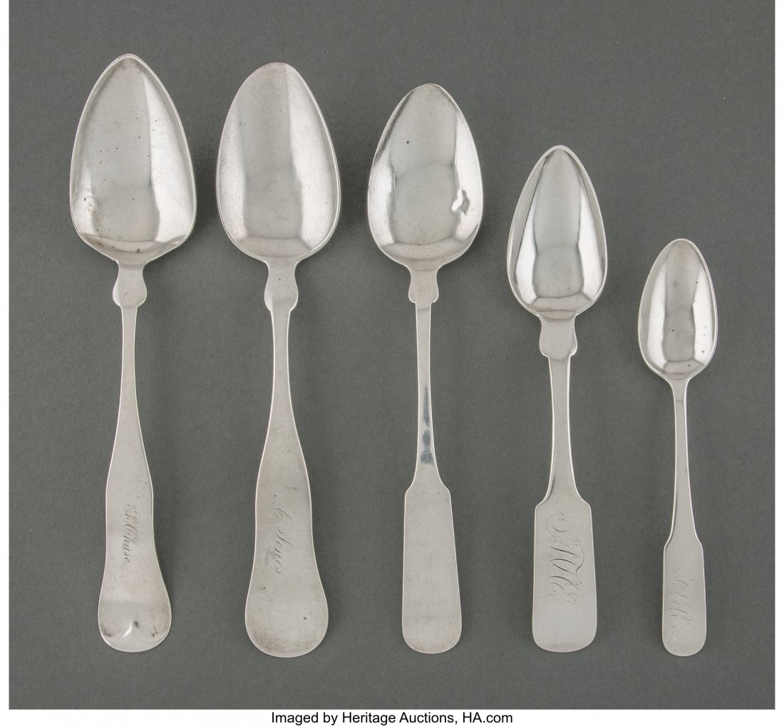 A Group of Five American Coin Silver Spoons, ear (1 of 4)