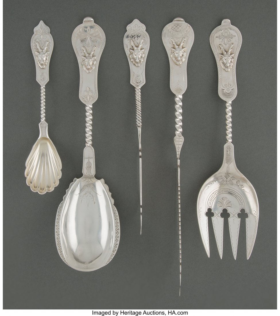 A Group of Five Duhme & Co. Stag Pattern Coin Si: A Group of Five Duhme & Co. Stag Pattern Coin Silver Serving Pieces, Cincinnati, Ohio, late 19th century Marks to longest: DUHME 10-3/8 inches (26.4