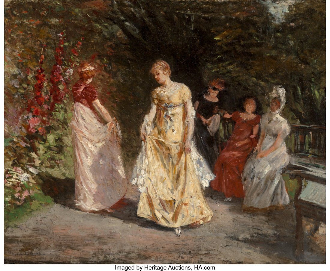 Victor Olivier Gilsoul (Belgian, 1867-1939) Prom: Victor Olivier Gilsoul (Belgian, 1867-1939) Promenade in the garden Oil on canvas 15 x 18-1/2 inches (38.1 x 47.0 cm) Signed lower left: Victor Gilsou