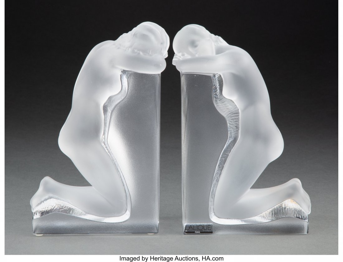 Two Pair of Lalique Clear and Frosted Glass Reve: Two Pair of Lalique Clear and Frosted Glass Reverie Bookends, post-1945 Marks: Lalique, France 8-3/4 inches (22.2 cm) HID03101062020 