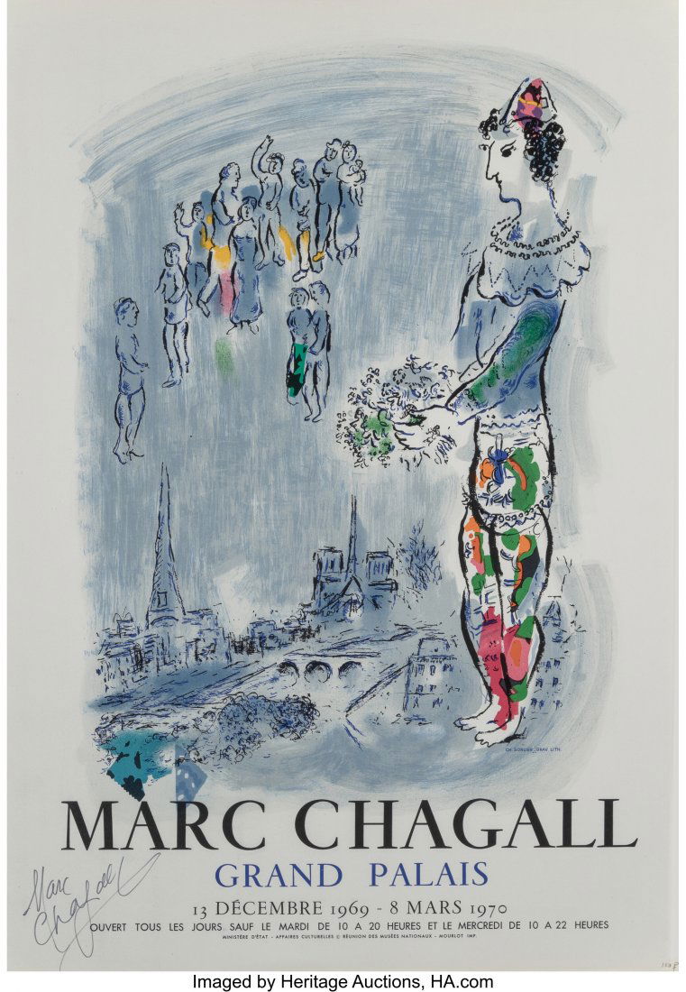After Marc Chagall Marc Chagall Grand Palais exh: After Marc Chagall Marc Chagall Grand Palais exhibition poster, 1969 Lithograph on paper 27-1/2 x 19-1/2 inches (69.9 x 49.5 cm) (sight) Signed lower le