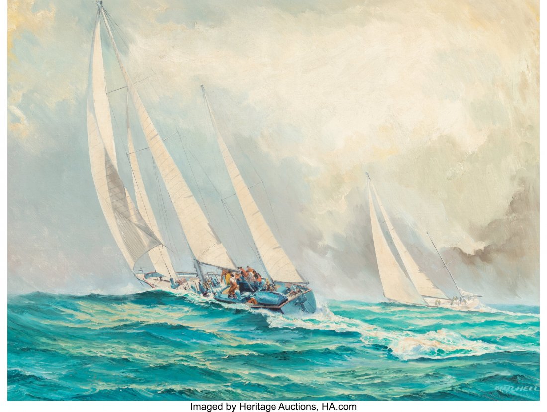 James E. Mitchell (American, b. 1926) Out at Sea: James E. Mitchell (American, b. 1926) Out at Sea Oil on canvas 30 x 40 inches (76.2 x 101.6 cm) Signed lower right: Mitchell Signed and insc