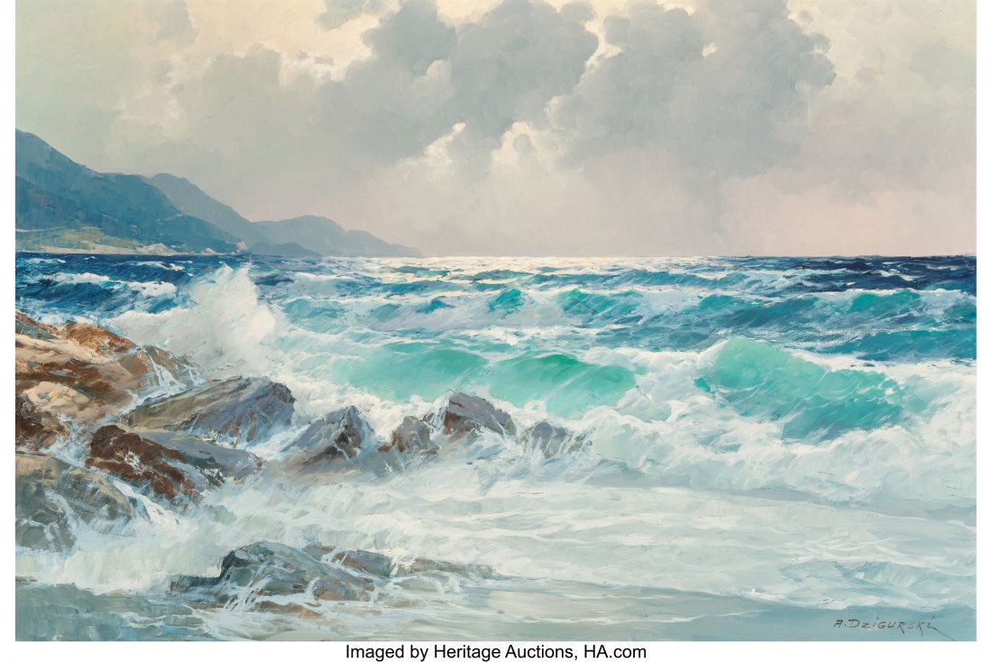 Alexander Dzigurski (Russian/American, 1911-1995: Alexander Dzigurski (Russian/American, 1911-1995) Seascape Oil on canvas 24 x 36 inches (61.0 x 91.4 cm) Signed lower right: A. Dzigurski Stamp
