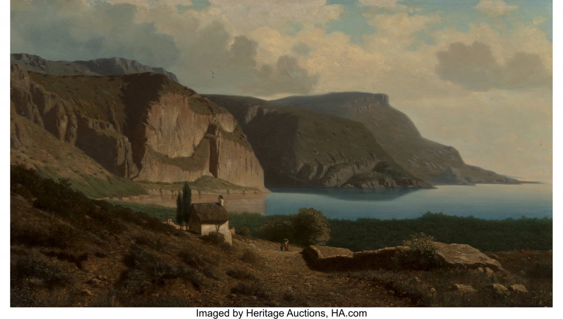 Continental School (19th Century) Fjord landscap: Continental School (19th Century) Fjord landscape with cottage Oil on panel 15-1/2 x 27 inches (39.4 x 68.6 cm) Indistinctly signed lower right: J S- PROVEN
